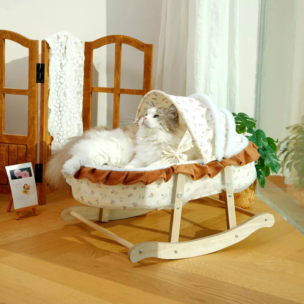 Fairela French-Style Rocking Cat Bed with Wooden Stand & Canopy