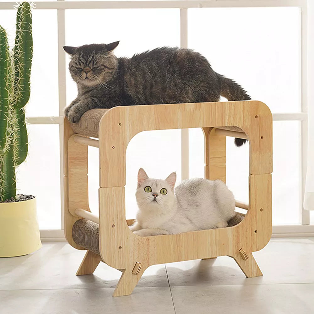 Fairela Wooden Cat Scratcher House with Dual Scratch Pads