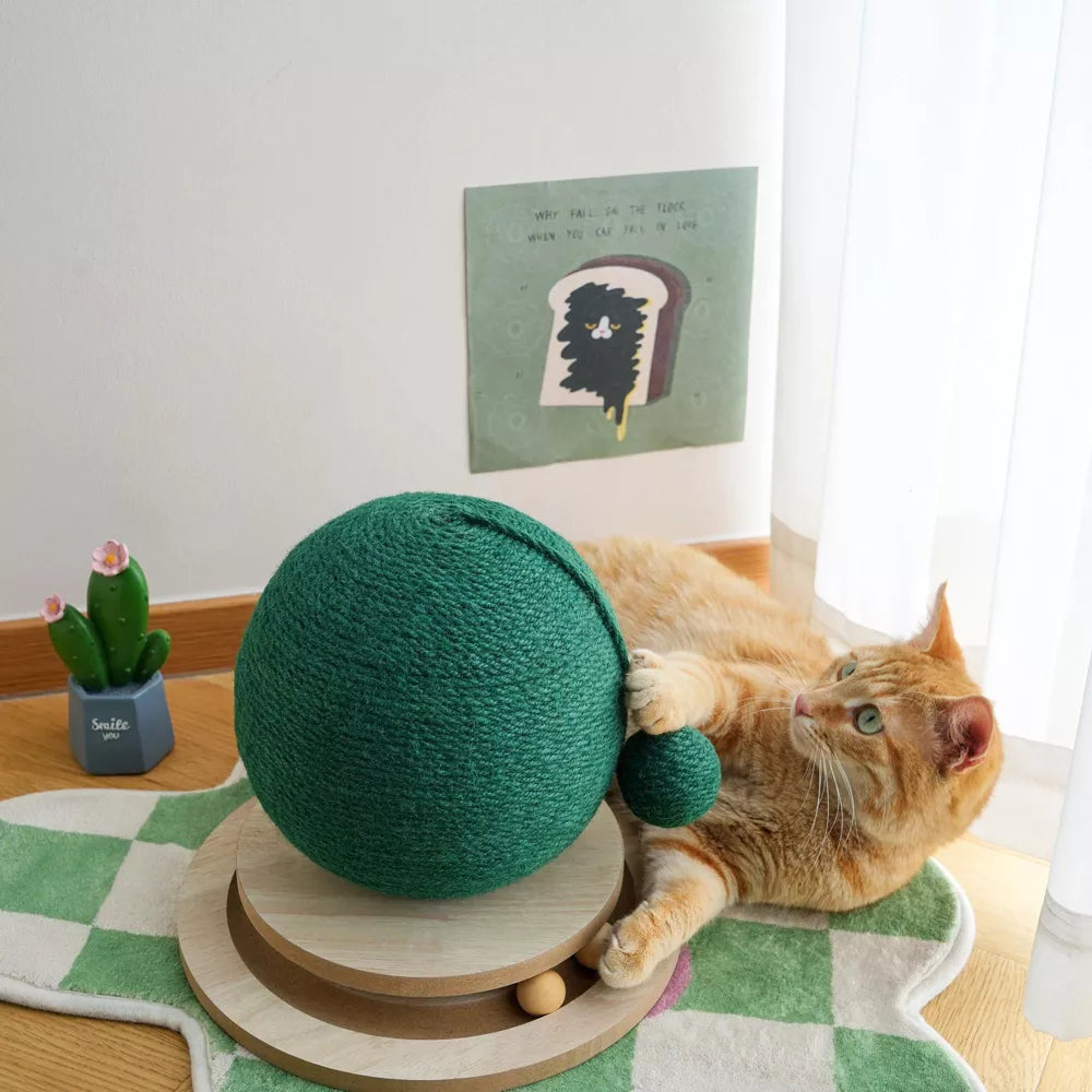 Fairela Cactus Interactive Jute Rope 9-in Hemp Cat Scratching Ball with Rolling Base