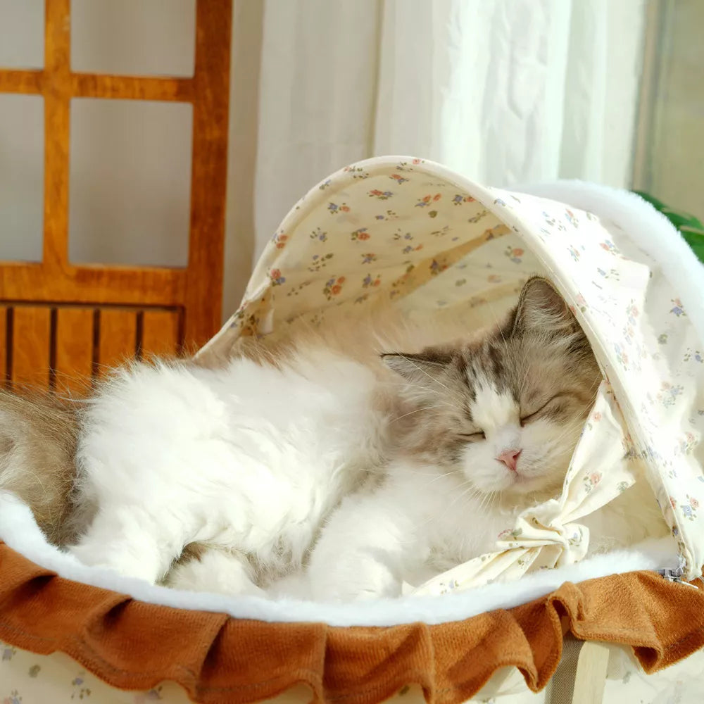 Fairela French-Style Rocking Cat Bed with Wooden Stand & Canopy