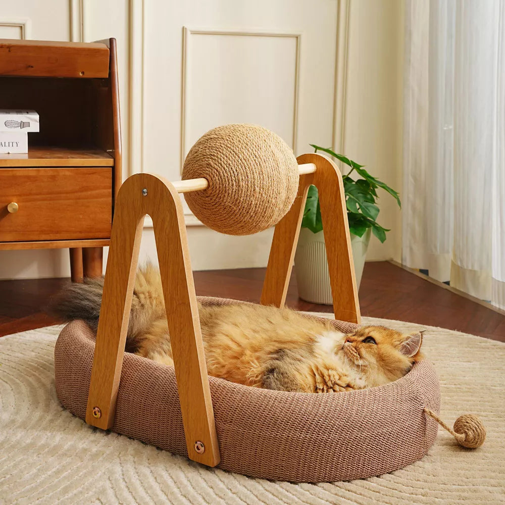 Fairela Modern Wooden Cat Lounge Bed with Hanging Sisal Ball, Beige, Large