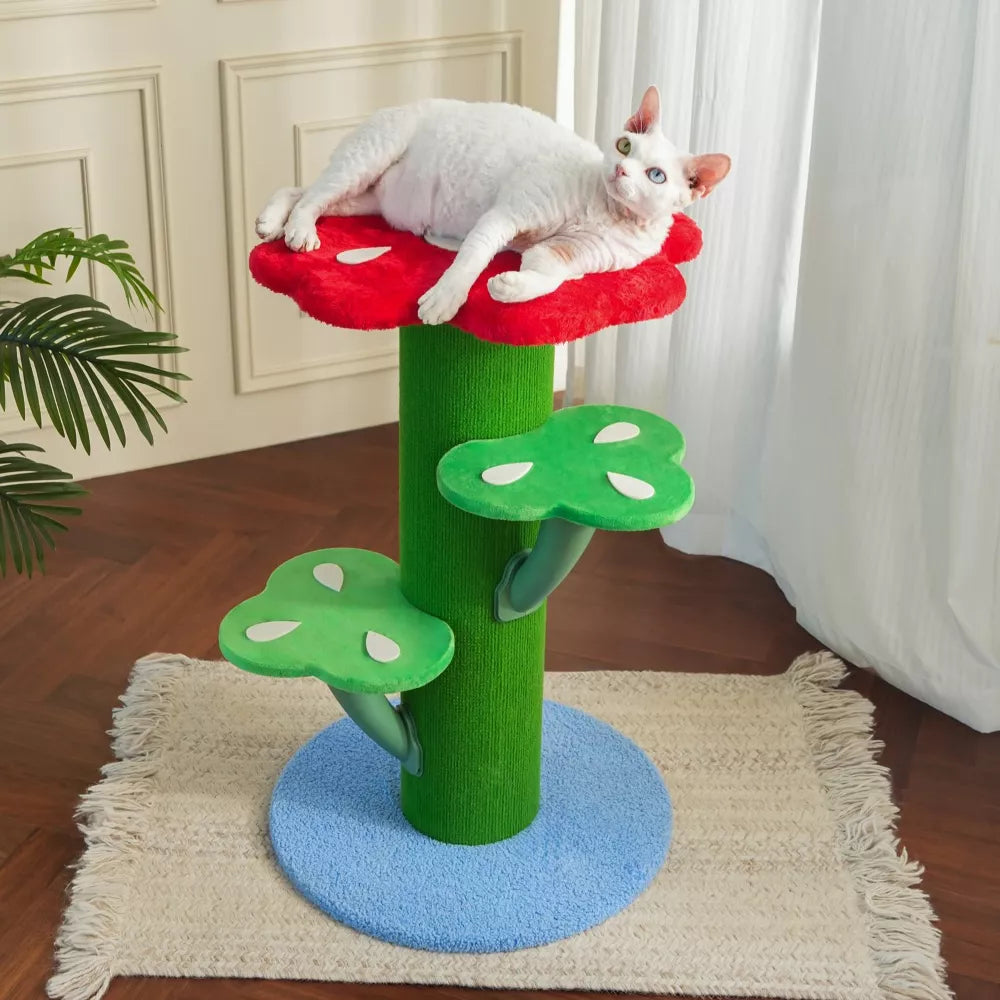 Fairela Flower-Shaped 30-in Fleece Cat Scratching Post with Multi-Level Perches, Red/Green/Blue