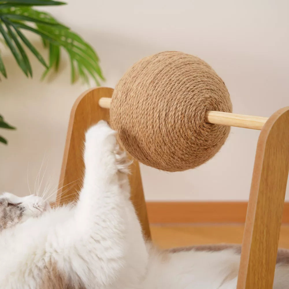 Fairela Modern Wooden Cat Lounge Bed with Hanging Sisal Ball, Beige, Large