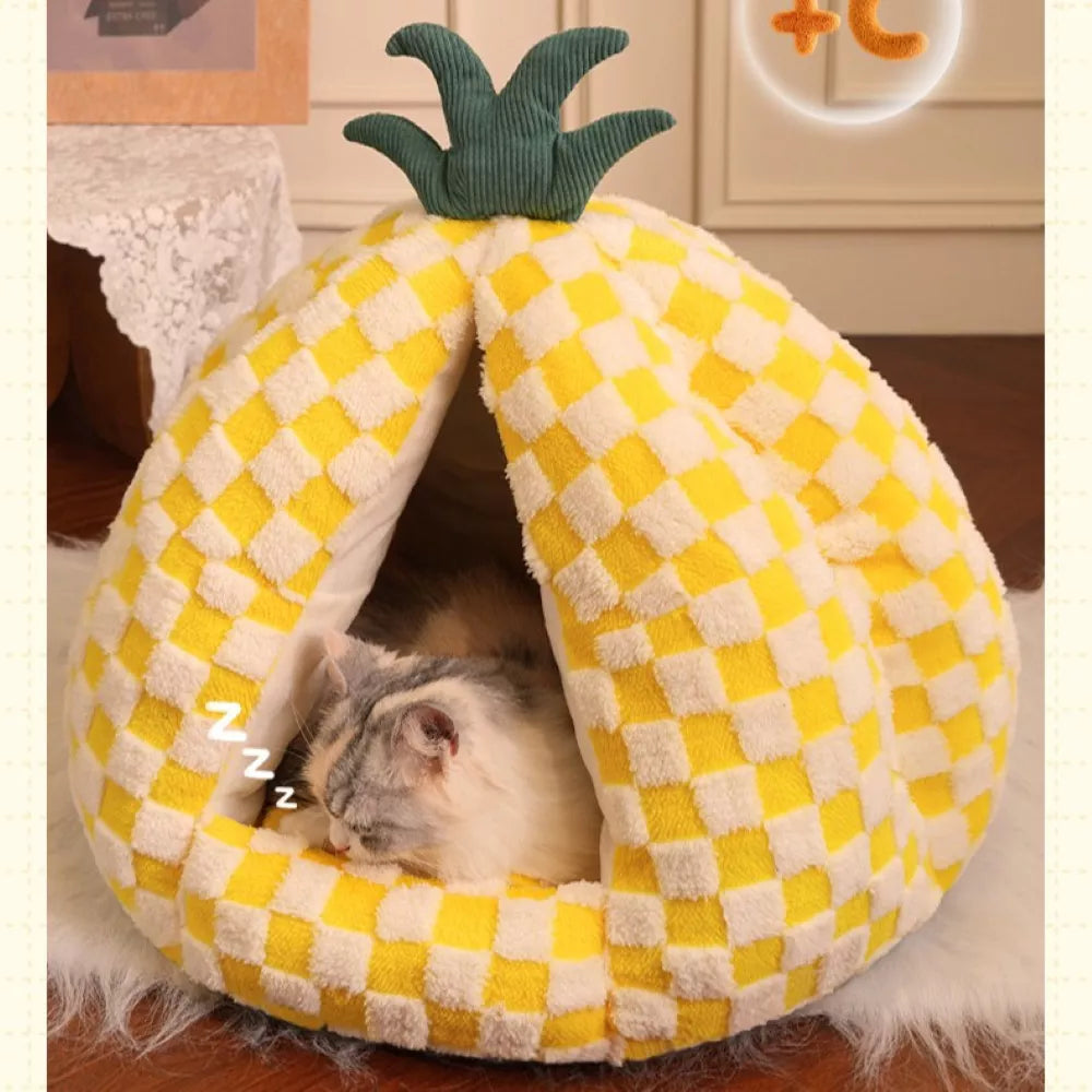 Fairela Pineapple-Shaped Covered Cat Camping Bed with Plush Cushion
