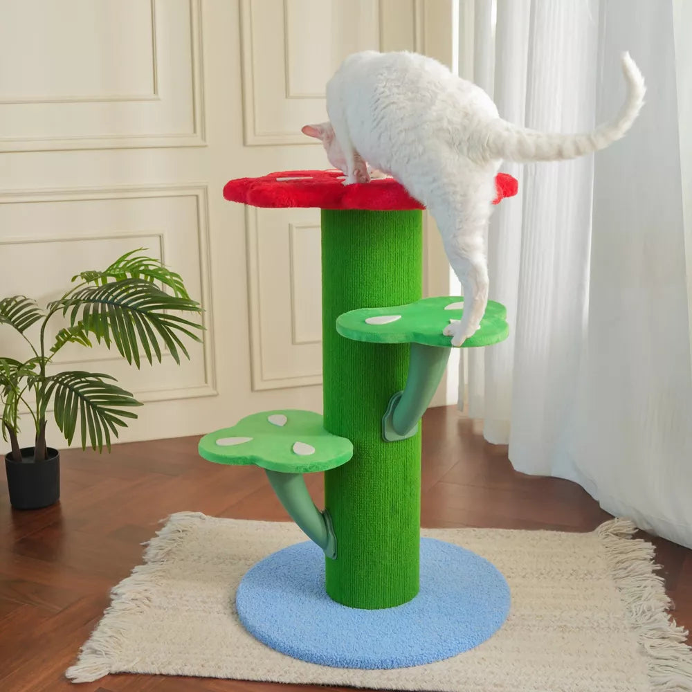 Fairela Flower-Shaped 30-in Fleece Cat Scratching Post with Multi-Level Perches, Red/Green/Blue