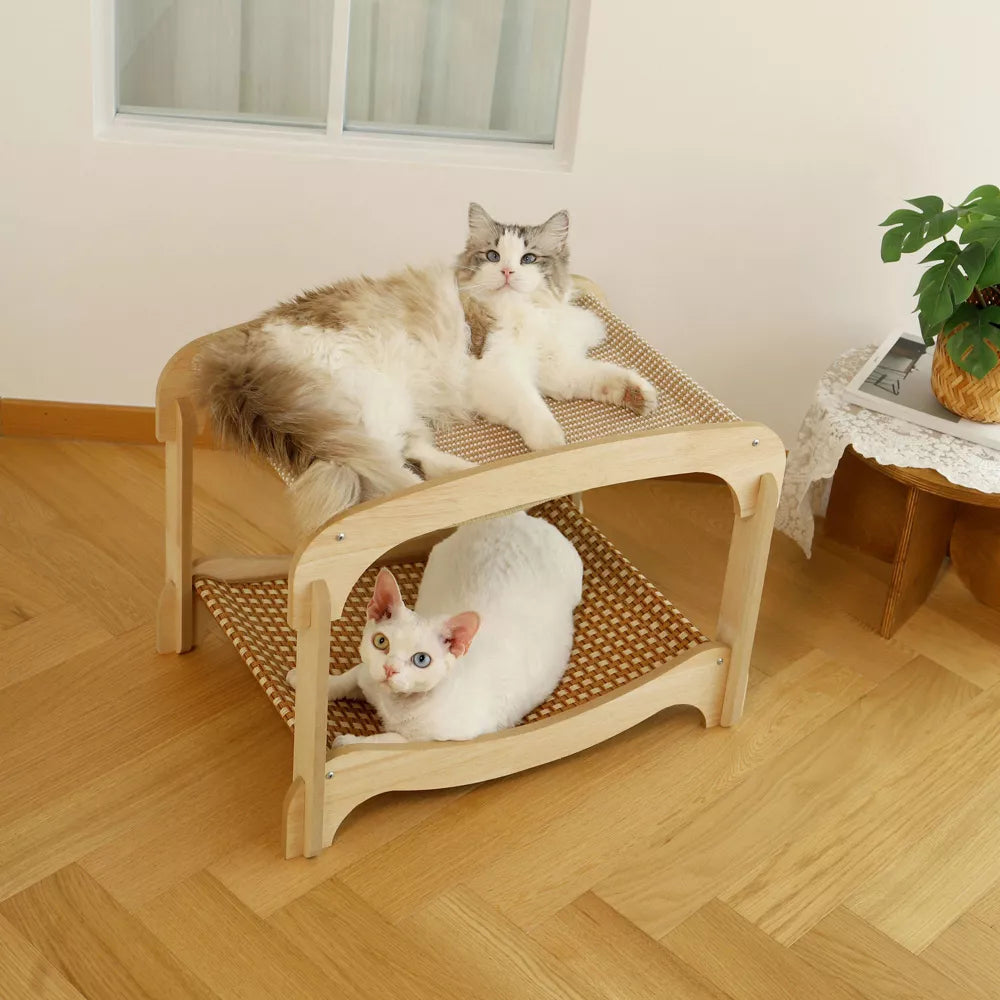 Fairela Two-Tier Cat Lounger Bed with Wooden Frame Hammock